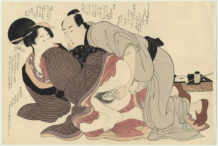 Kitagawa Utamaro, shunga con pareja, período Edo — ejemplo de la convención de proporciones exageradas como código visual del género