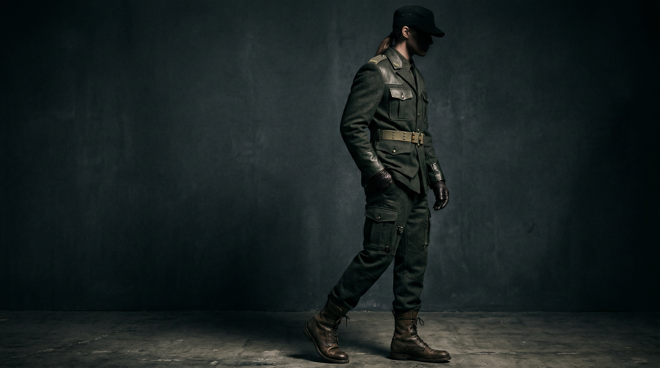 Figura con uniforme militar o policial en iluminación dramática, fotografía editorial