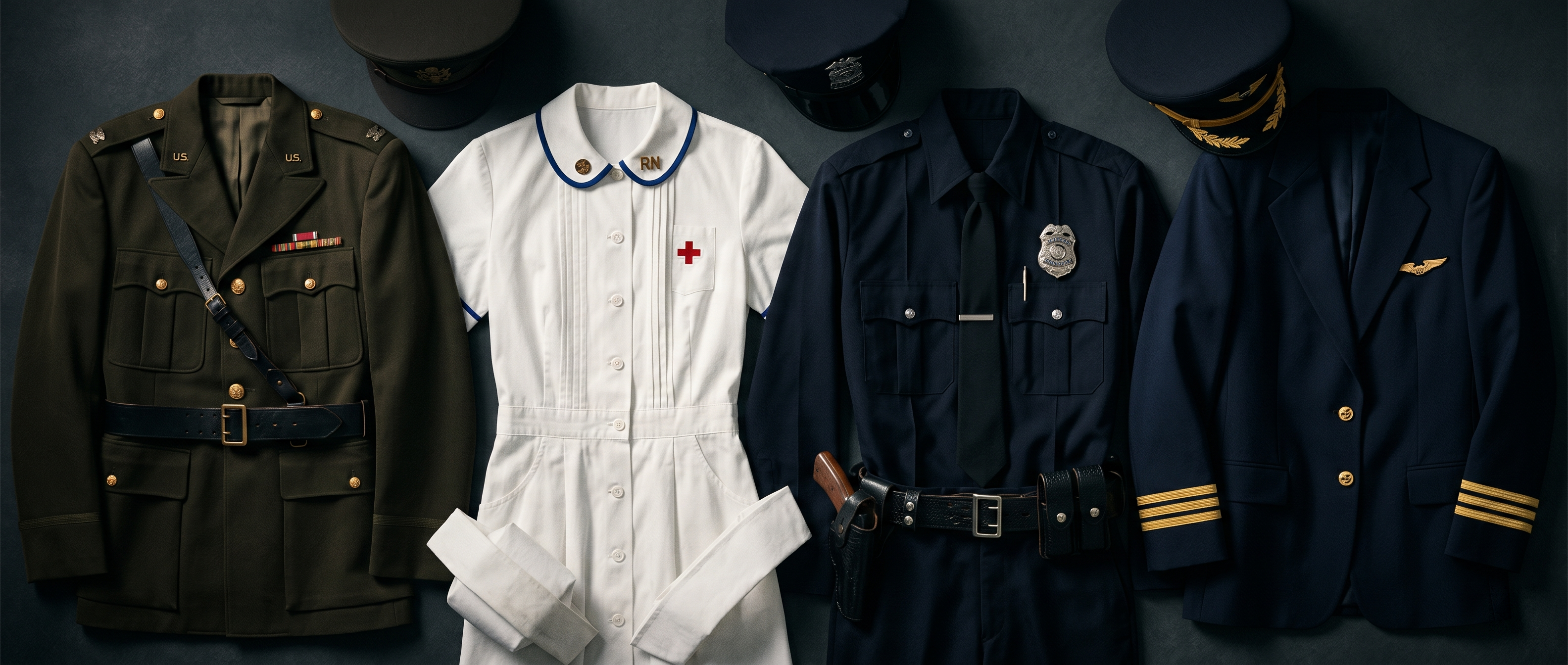 Collage horizontal con cuatro uniformes icónicos: militar, sanitario, policial y escolar, estilo editorial